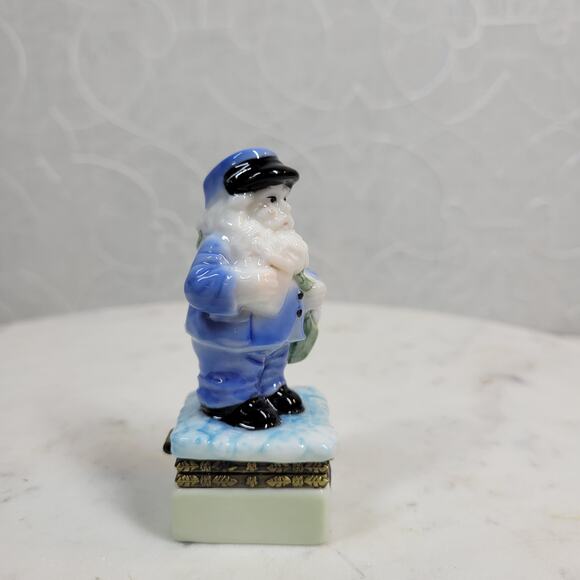 VINTAGE Santa Claus Trinket Box Blue White Porcelain Christmas Holiday Hinged - Picture 9 of 13